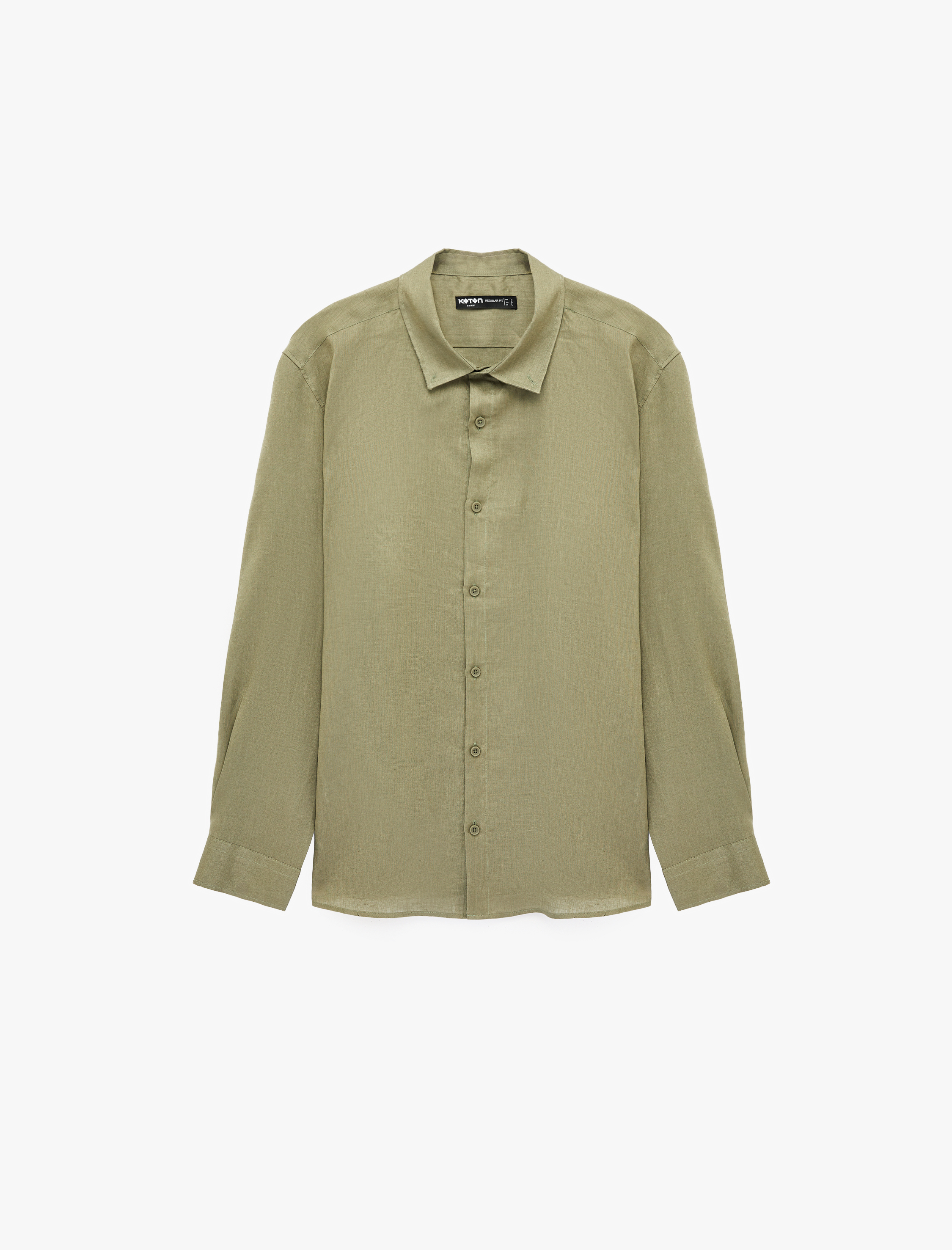   Regular Fit Düğmeli Yaka Uzun Kollu Keten Gömlek