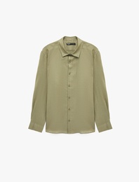 Regular Fit Düğmeli Yaka Uzun Kollu Keten Gömlek