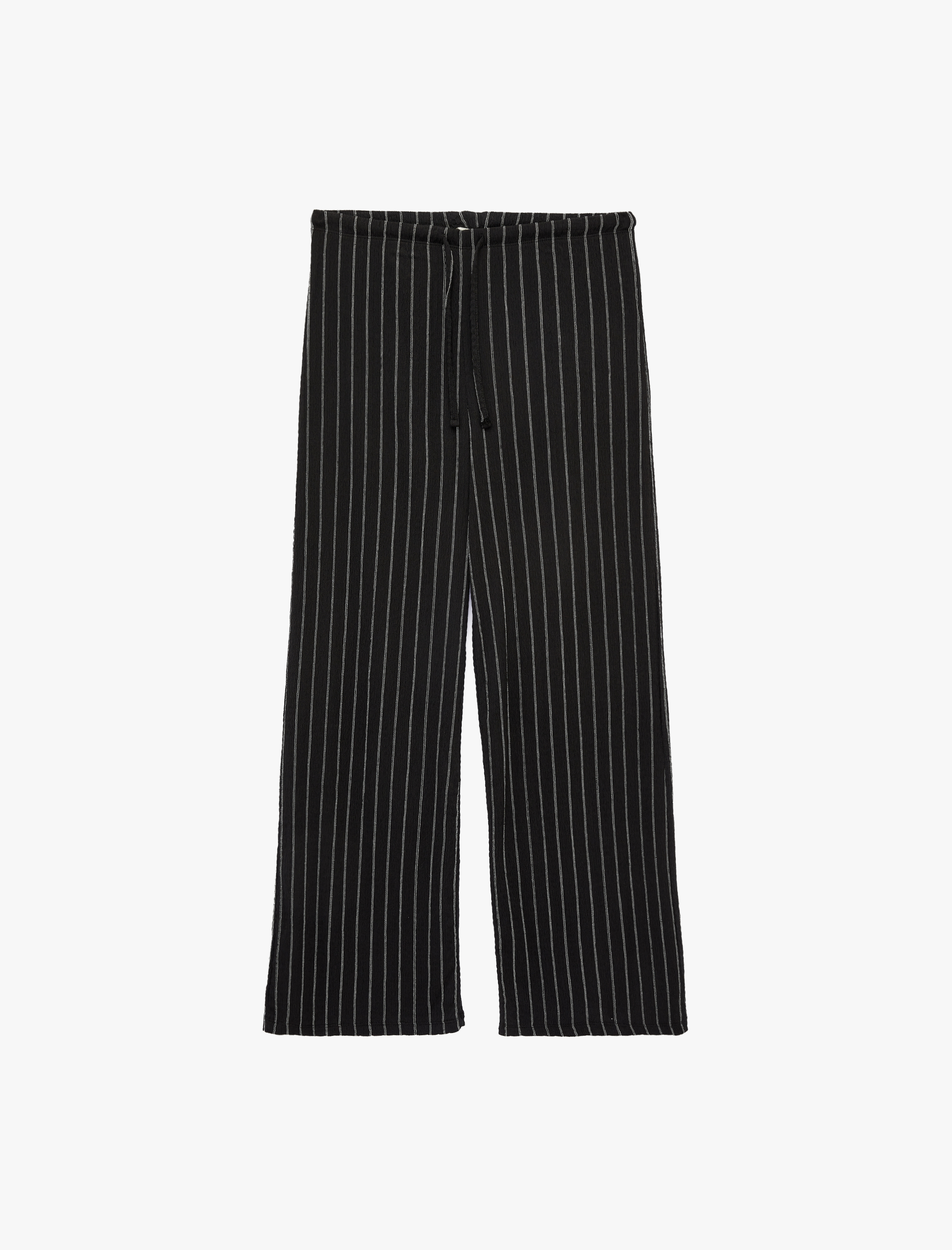   Rahat Kalıp Beli Bağcıklı Çizgili Bürümcük Kumaş Geniş Paça Pantolon