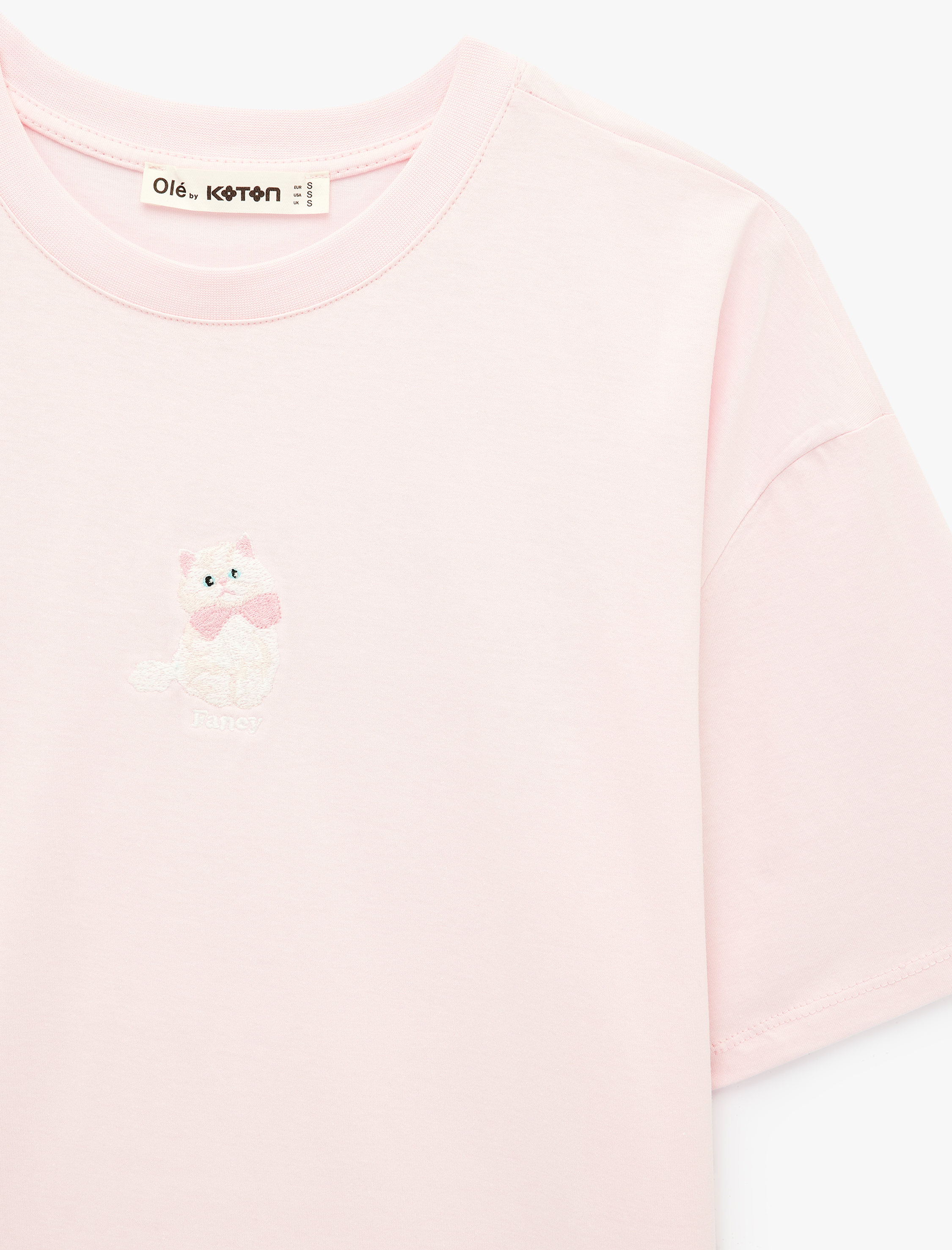   Rahat Kalıp Kısa Kollu Bisiklet Yaka Kedi Nakışlı Tişört