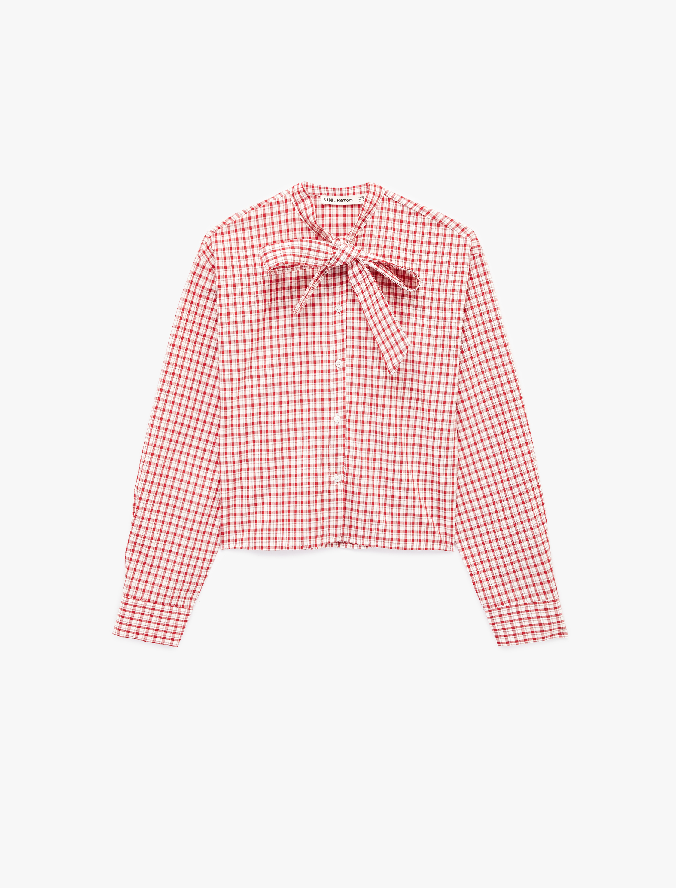   Bağlama Detaylı Kareli Uzun Kollu Fiyonklu Poplin Gömlek