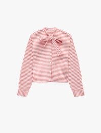 Bağlama Detaylı Kareli Uzun Kollu Fiyonklu Poplin Gömlek