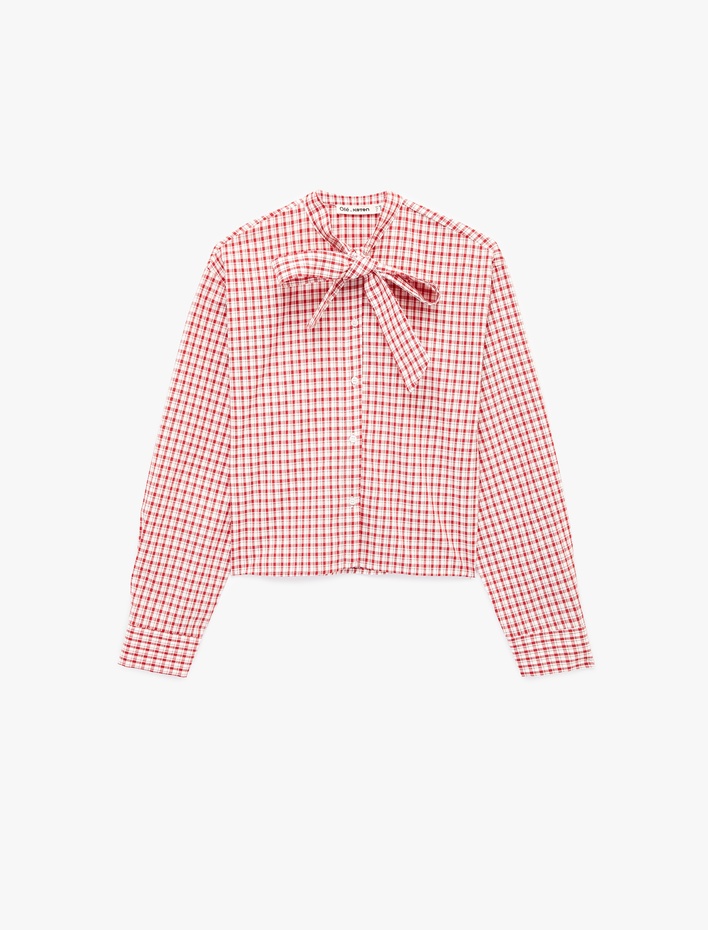  Bağlama Detaylı Kareli Uzun Kollu Fiyonklu Poplin Gömlek