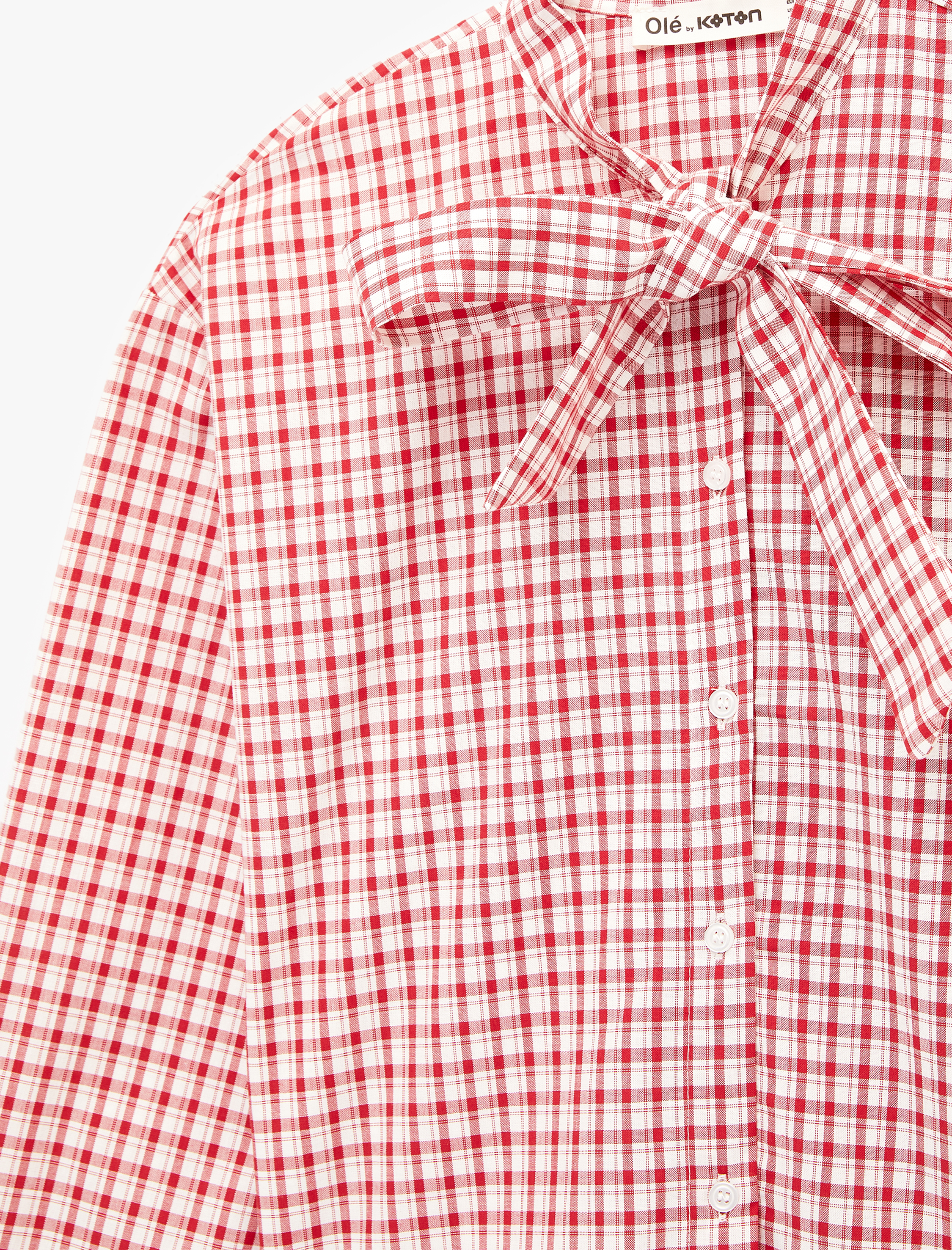   Bağlama Detaylı Kareli Uzun Kollu Fiyonklu Poplin Gömlek