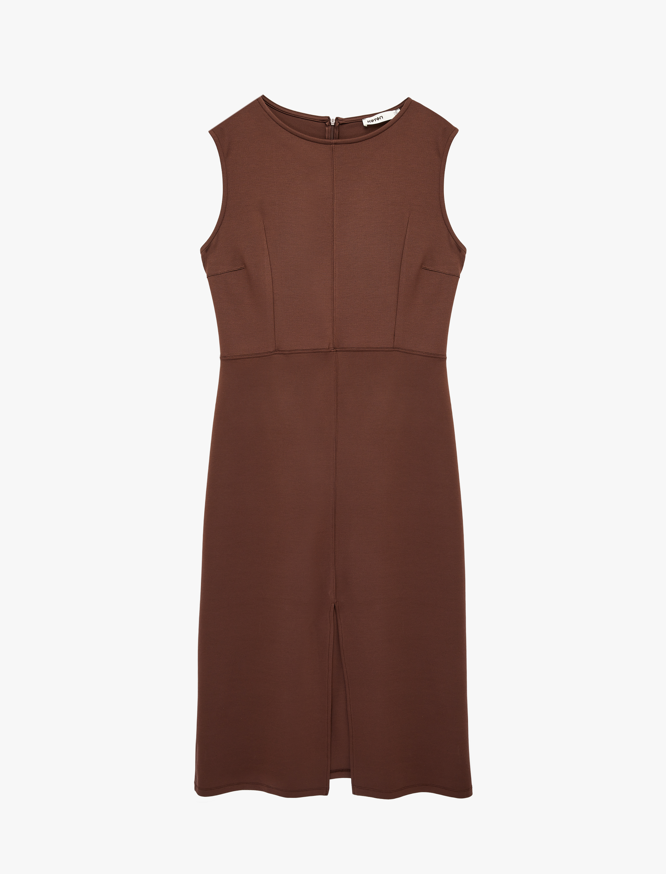   Ön Yırtmaç Detaylı Slim Fit Yuvarlak Yaka Kolsuz Midi Elbise