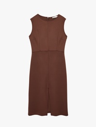 Ön Yırtmaç Detaylı Slim Fit Yuvarlak Yaka Kolsuz Midi Elbise