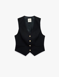 Metal Düğme Detaylı Kolsuz V Yaka Blazer Yelek