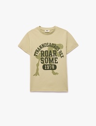Pamuklu Kısa Kollu Bisiklet Yaka Dinozor Baskılı Tişört