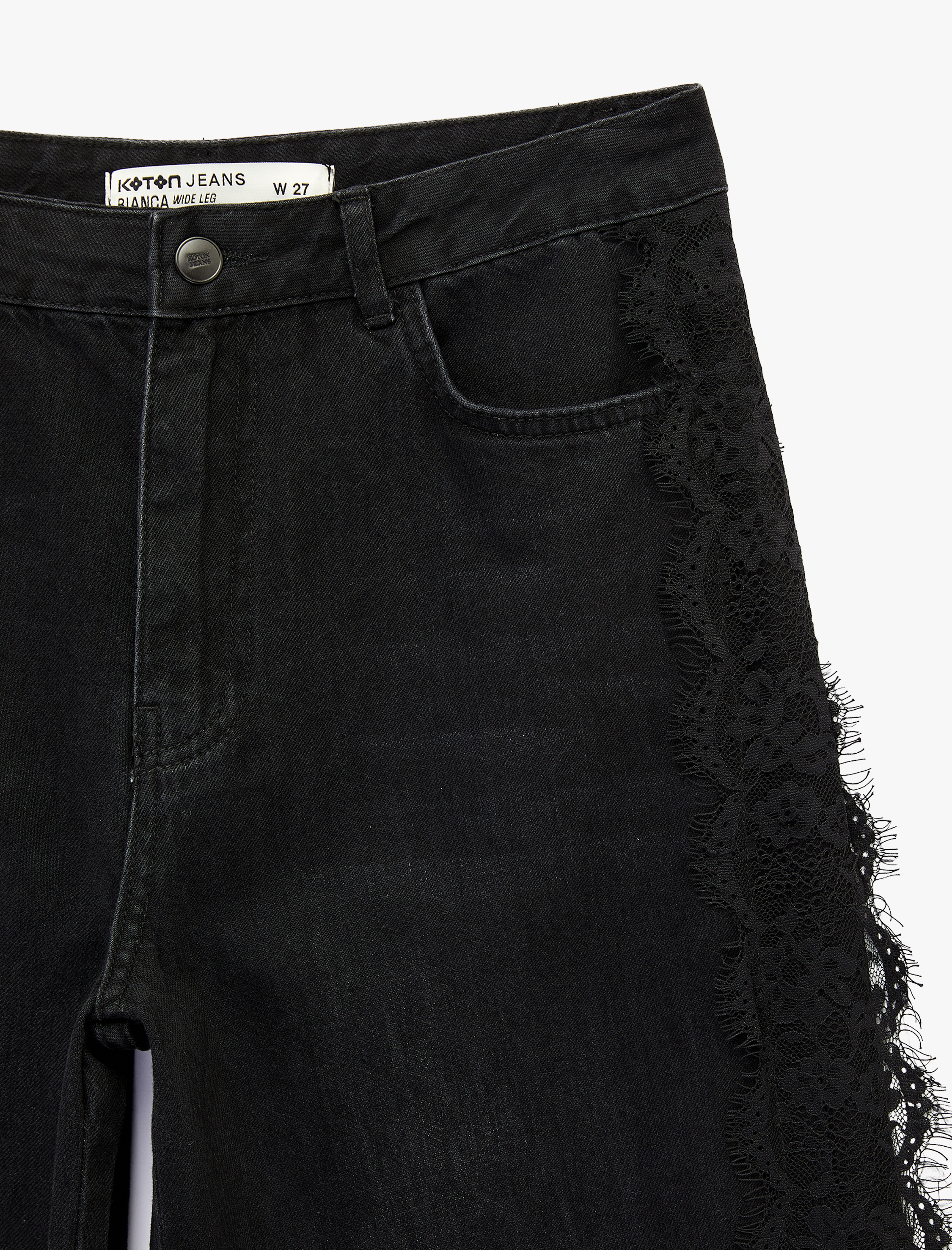   Pamuklu Dantel Detaylı Geniş Paça Denim Pantolon -  Wide Leg Jeans