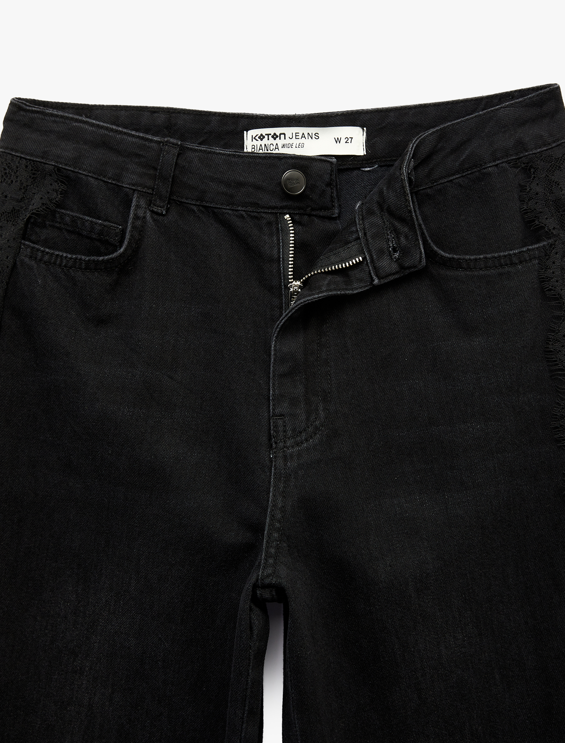   Pamuklu Dantel Detaylı Geniş Paça Denim Pantolon -  Wide Leg Jeans