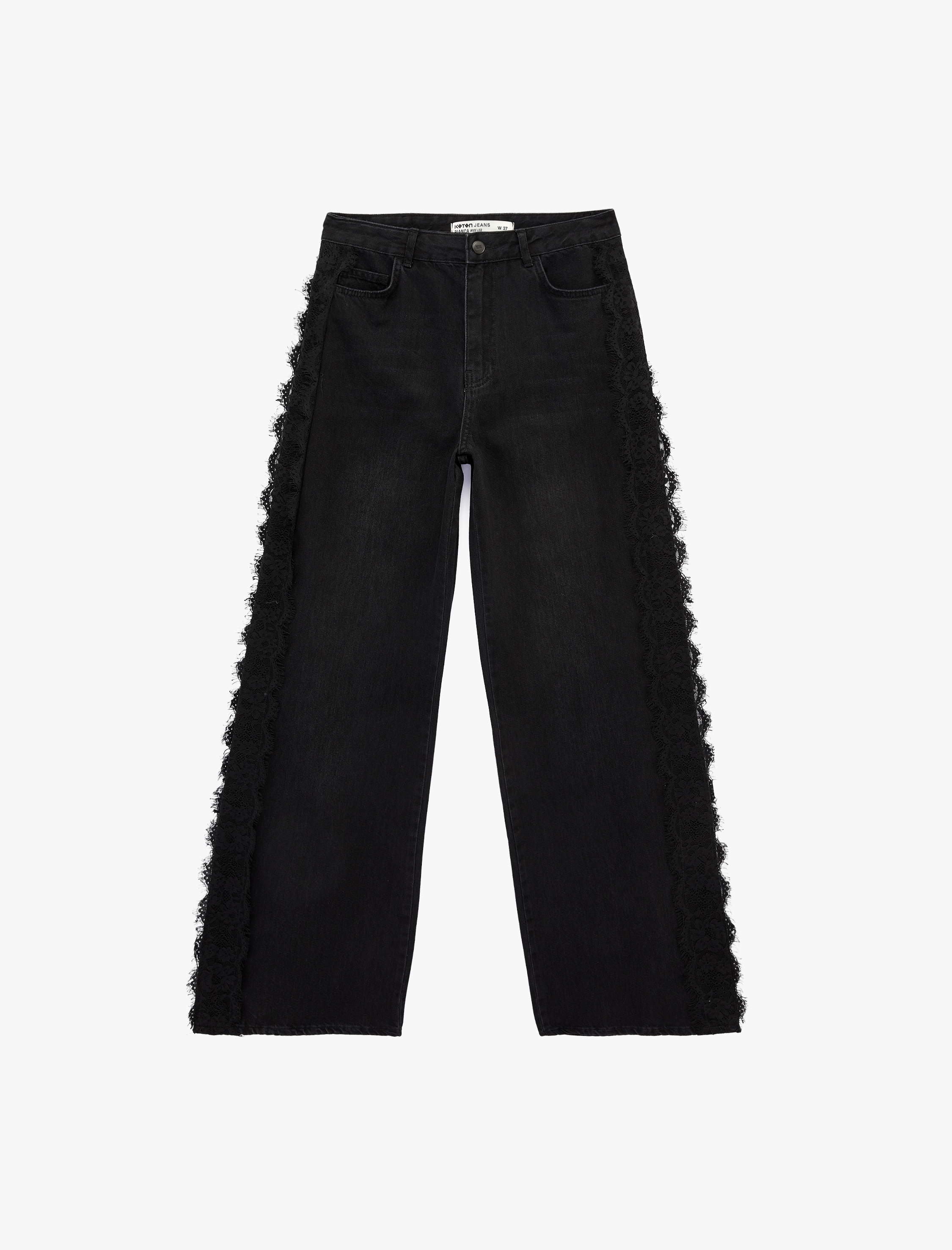   Pamuklu Dantel Detaylı Geniş Paça Denim Pantolon -  Wide Leg Jeans