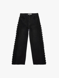 Pamuklu Dantel Detaylı Geniş Paça Denim Pantolon -  Wide Leg Jeans