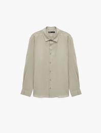 Regular Fit Düğmeli Klasik Yaka Uzun Kollu Keten Gömlek