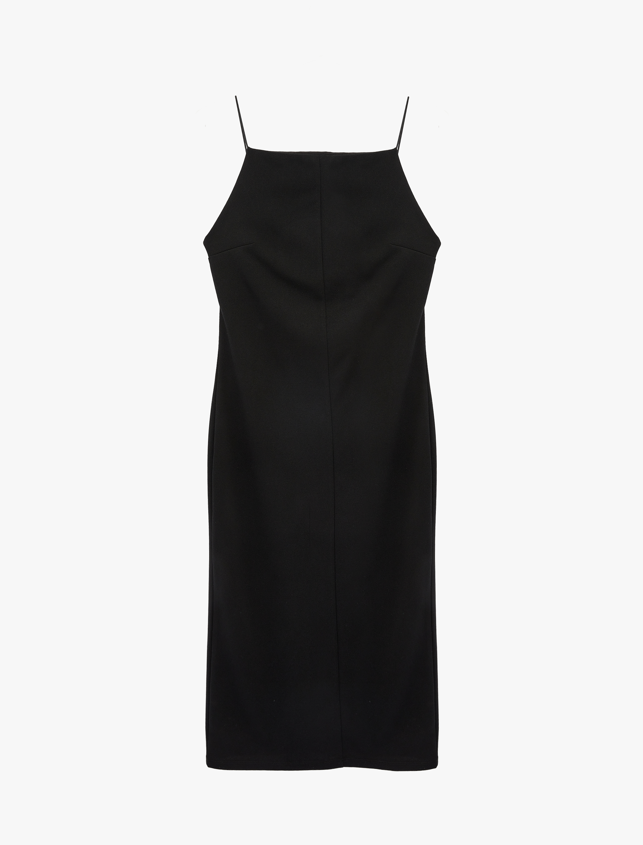   Slim Fit Yırtmaç Detaylı İnce Askılı Halter Yaka Midi Kalem Elbise