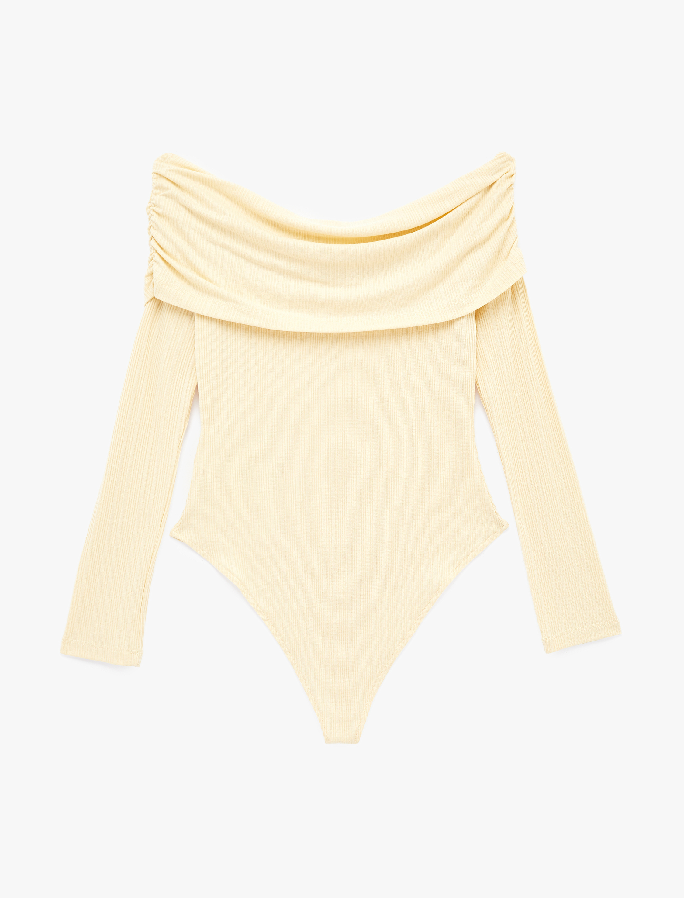   Slim Fit Drape Detaylı Uzun Kollu Madonna Yaka Omzu Açık Bodysuit