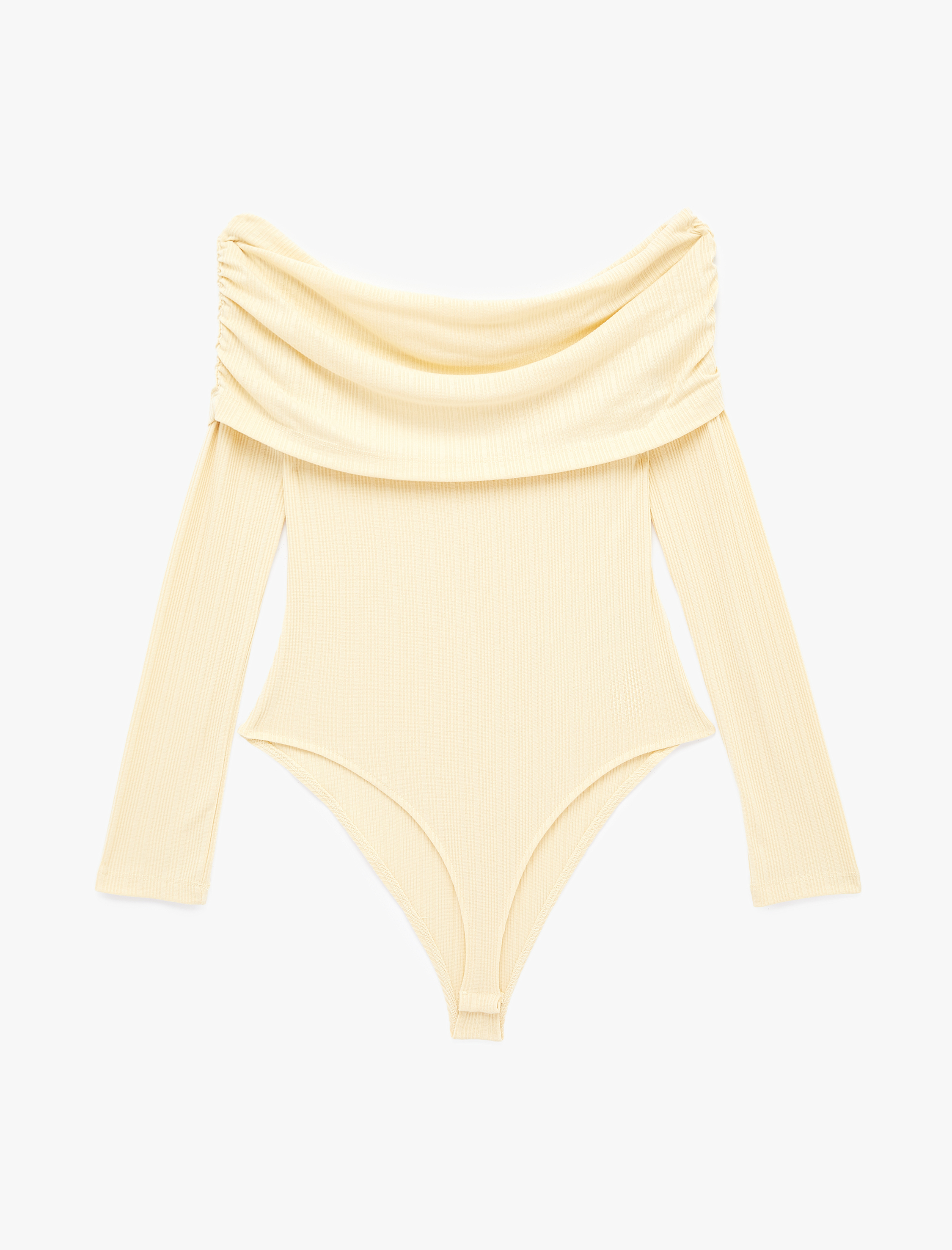   Slim Fit Drape Detaylı Uzun Kollu Madonna Yaka Omzu Açık Bodysuit