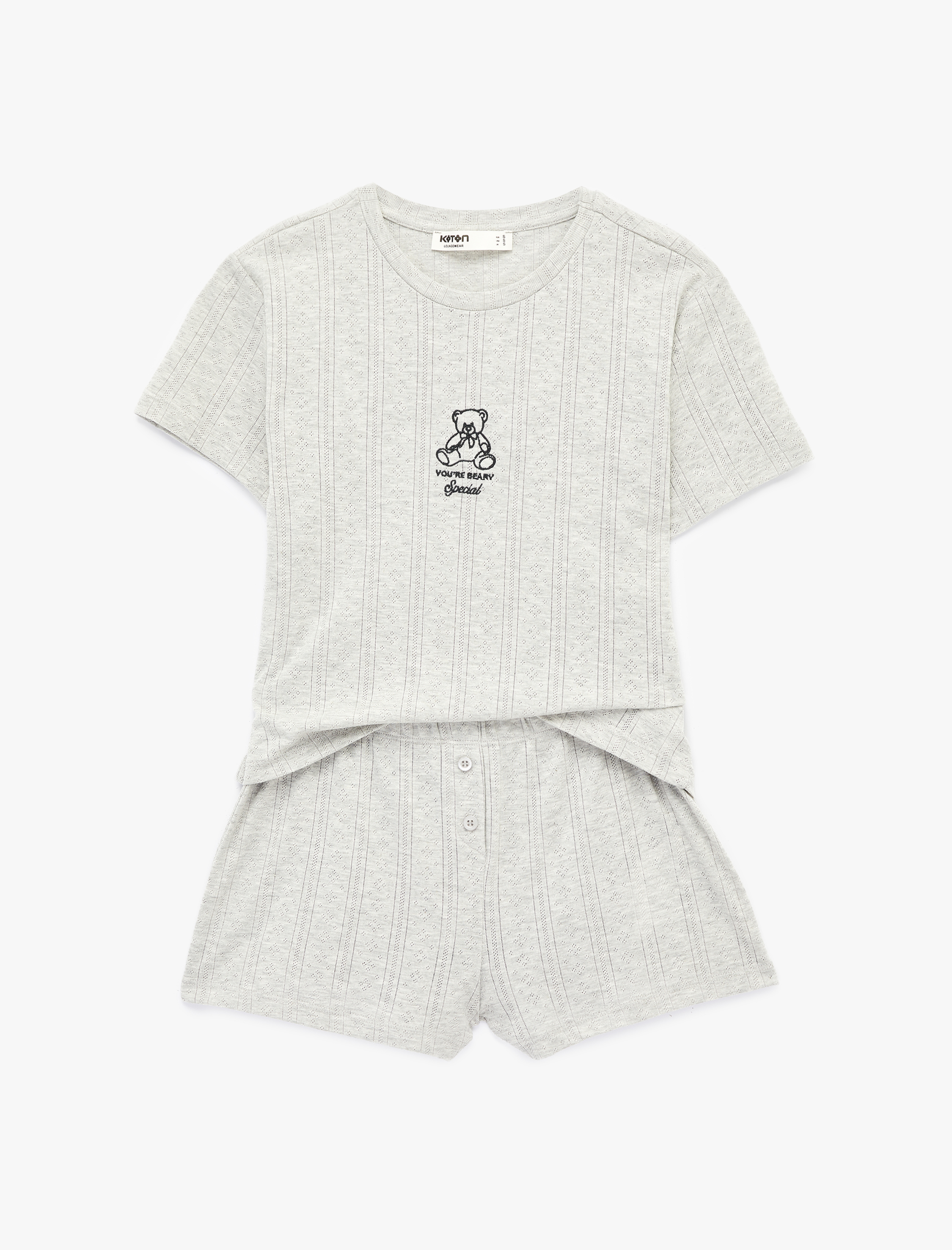   Kısa Kollu Bisiklet Yaka Ayıcık Detaylı Şortlu Pijama Takımı