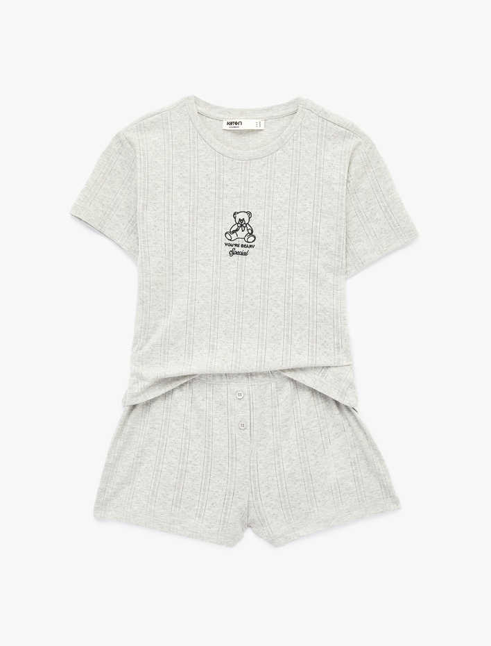  Kısa Kollu Bisiklet Yaka Ayıcık Detaylı Şortlu Pijama Takımı