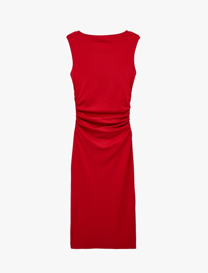  Bisiklet Yaka Kolsuz Drape Detaylı Midi Kalem Elbise