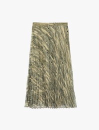 Kalın Pileli Soyut Desenli Şifon Midi Etek