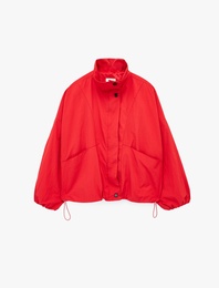 Krinkıl Paraşüt Kumaş Uzun Kollu Cepli Fermuarlı Dik Yaka Crop Yağmurluk