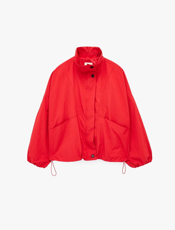  Krinkıl Paraşüt Kumaş Uzun Kollu Cepli Fermuarlı Dik Yaka Crop Yağmurluk