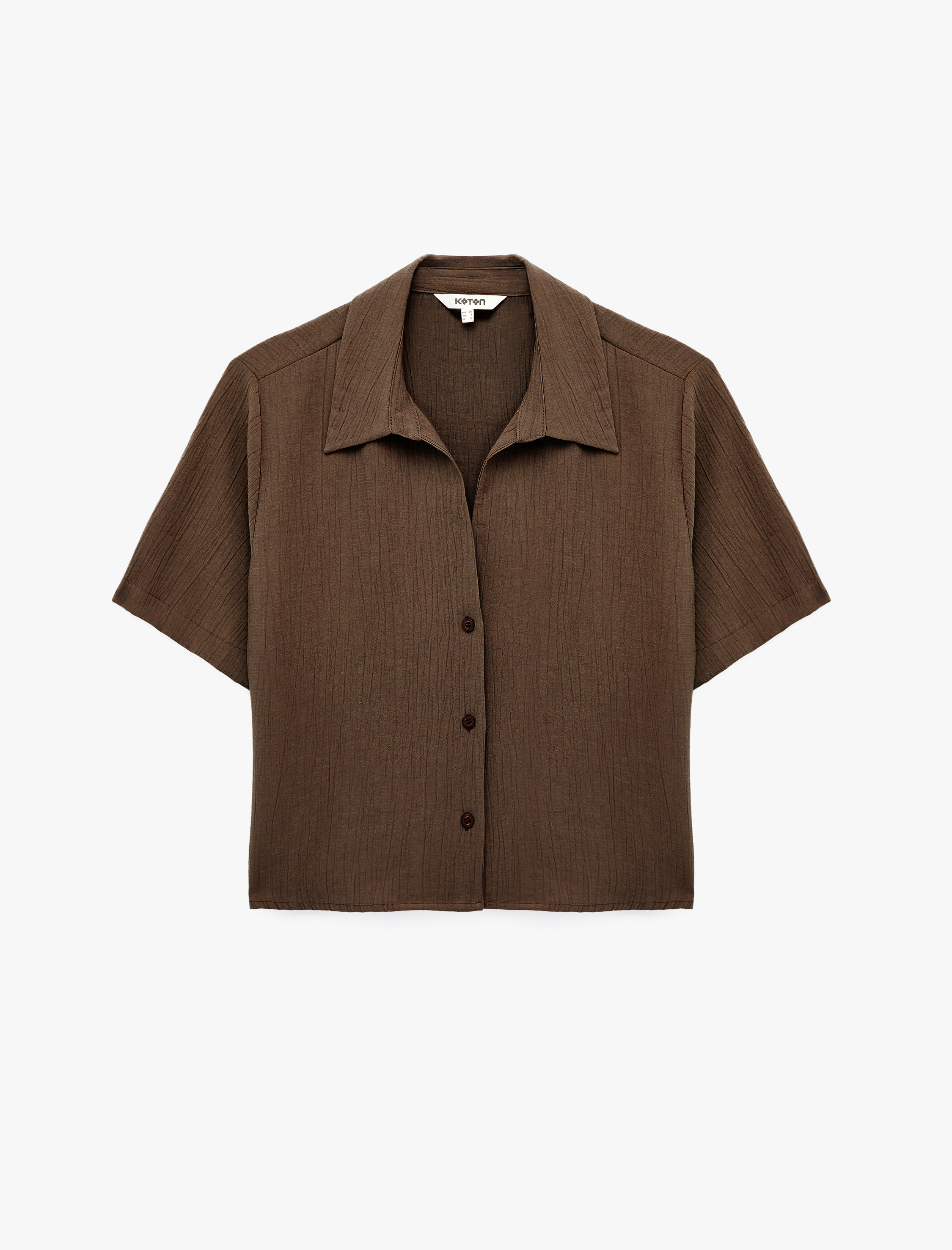   Regular Fit Kaçık Yaka Kısa Kollu Dokulu Crop Gömlek