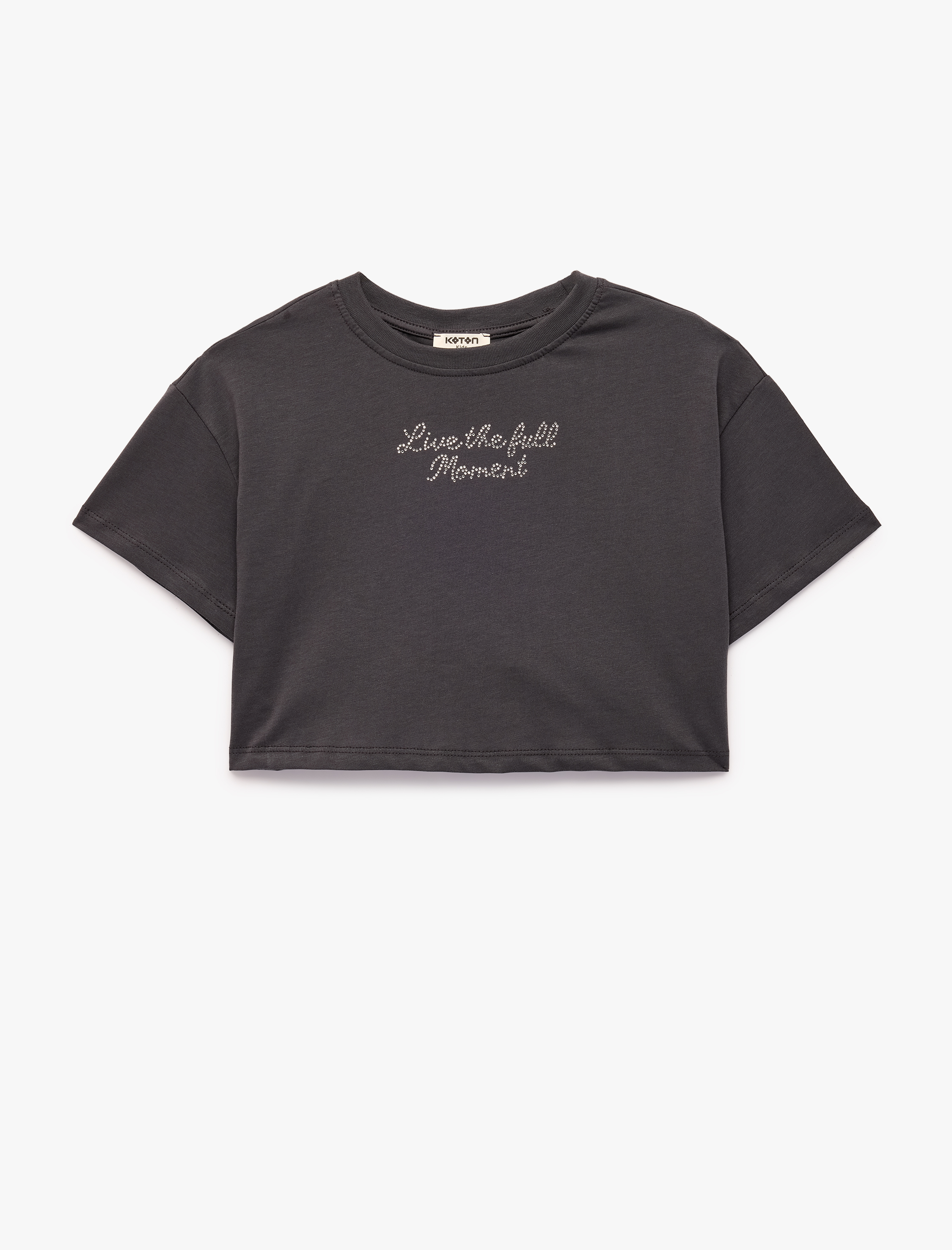  Kız Çocuk Pamuklu Arkası Taşlı Melek Kanadı Detaylı Bisiklet Yaka Kısa Kollu Crop Tişört