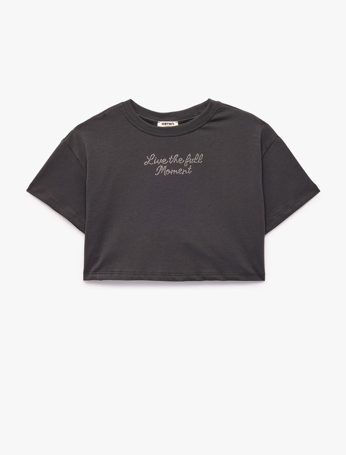 Kız Çocuk Pamuklu Arkası Taşlı Melek Kanadı Detaylı Bisiklet Yaka Kısa Kollu Crop Tişört