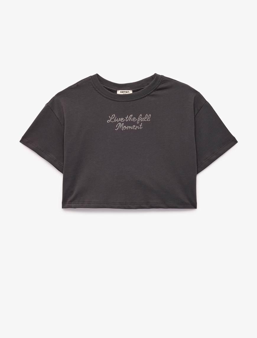 Koton Pamuklu Arkası Taşlı Melek Kanadı Detaylı Bisiklet Yaka Kısa Kollu Crop T-Shirt