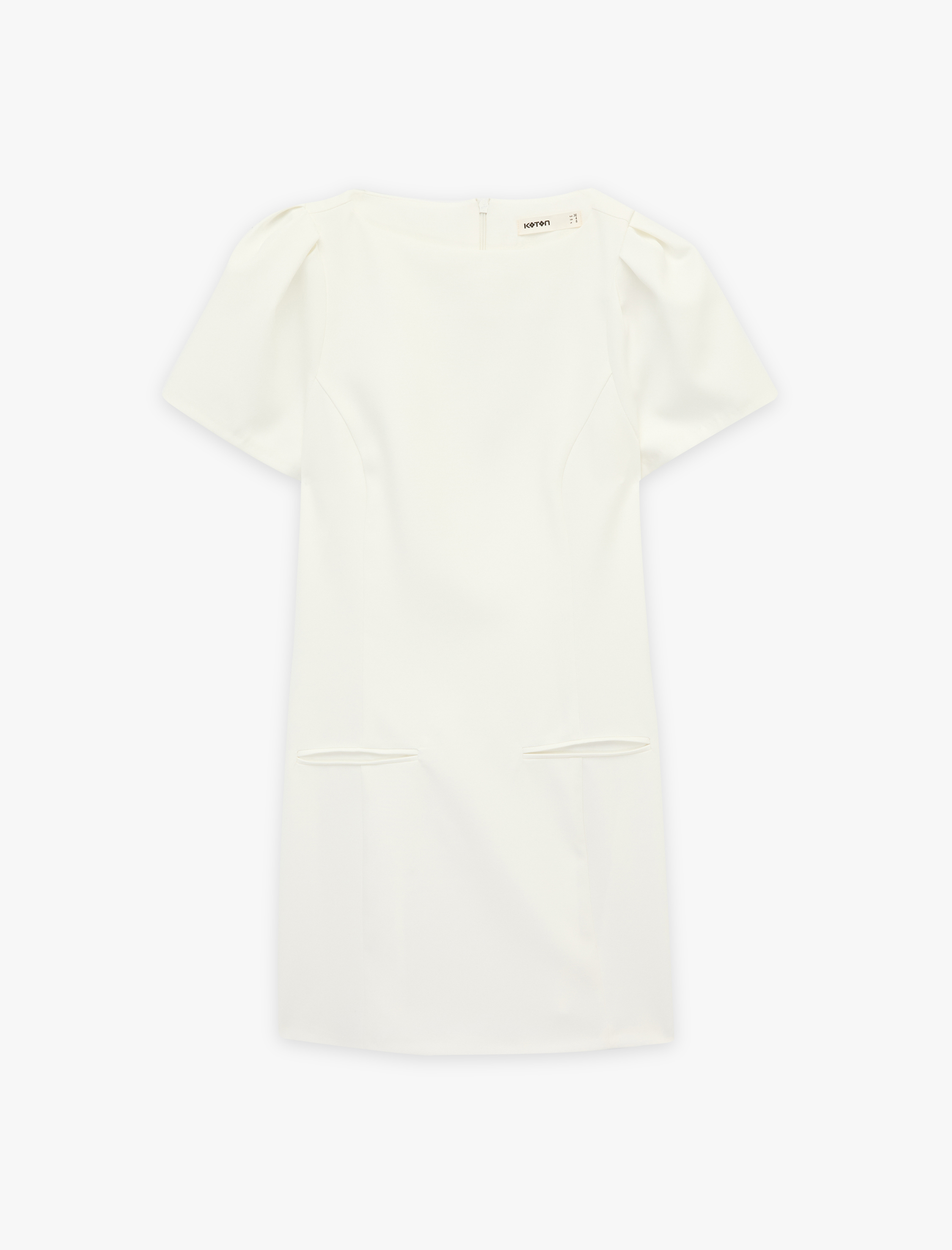   Cep Detaylı Yuvarlak Yaka Kısa Balon Kollu Mini Elbise