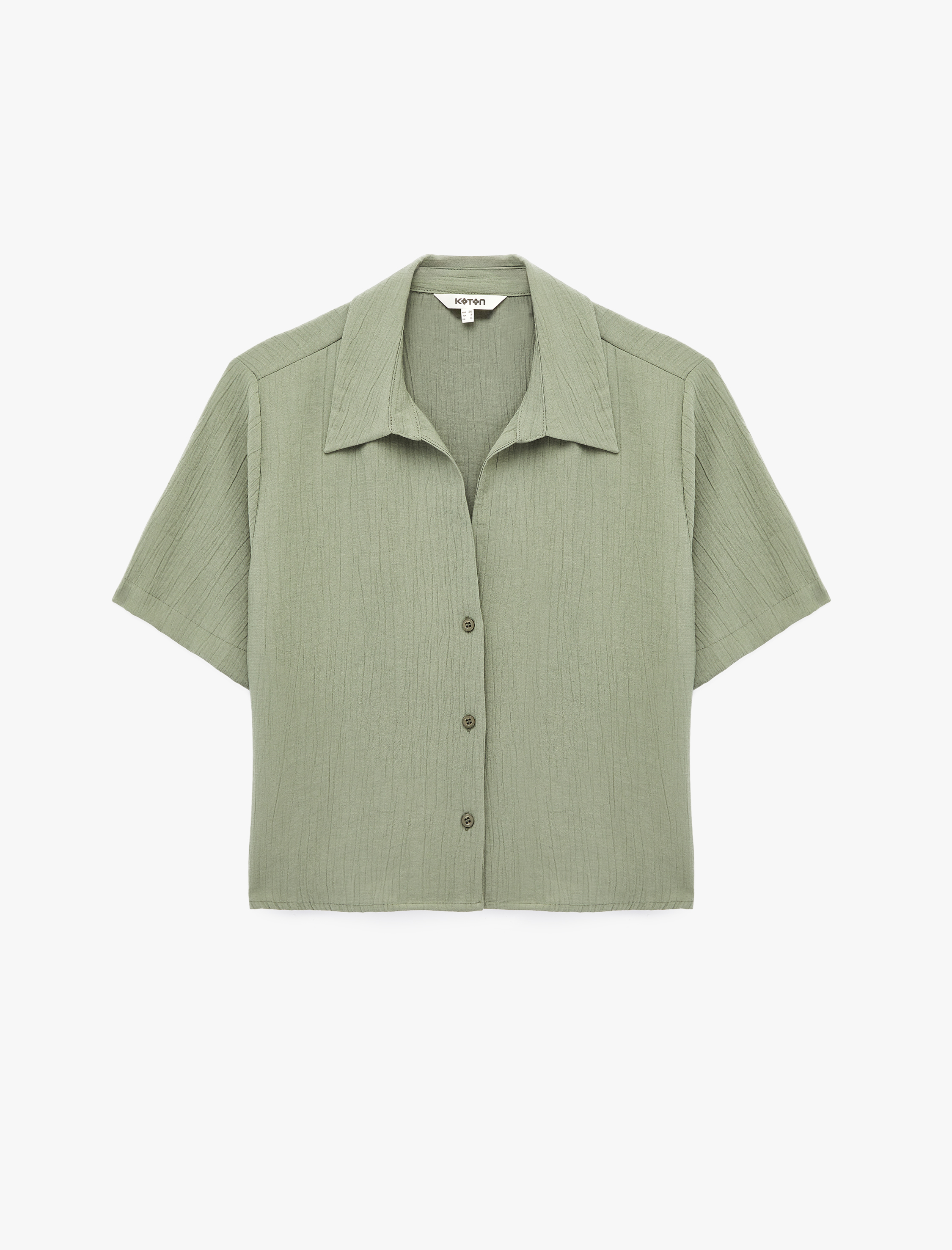   Regular Fit Kaçık Yaka Kısa Kollu Dokulu Crop Gömlek