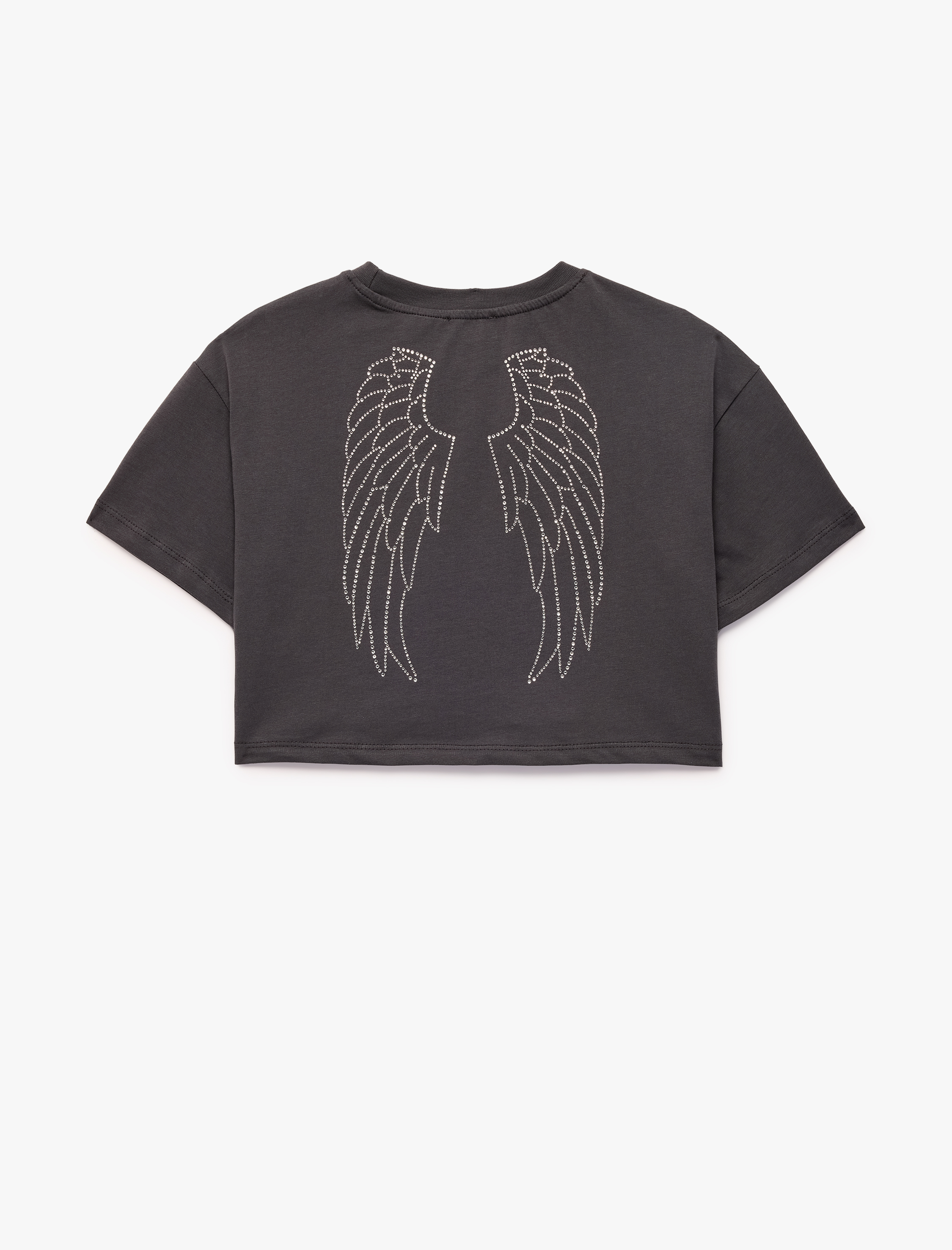  Kız Çocuk Pamuklu Arkası Taşlı Melek Kanadı Detaylı Bisiklet Yaka Kısa Kollu Crop Tişört