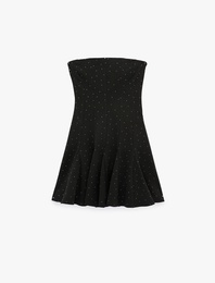 Straplez Yaka Kolsuz Saten Taşlı Mini Abiye Elbise