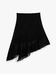 Asimetrik Slim Fit Tül Detaylı Midi Etek