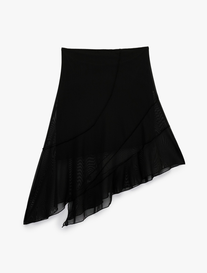  Asimetrik Slim Fit Tül Detaylı Midi Etek