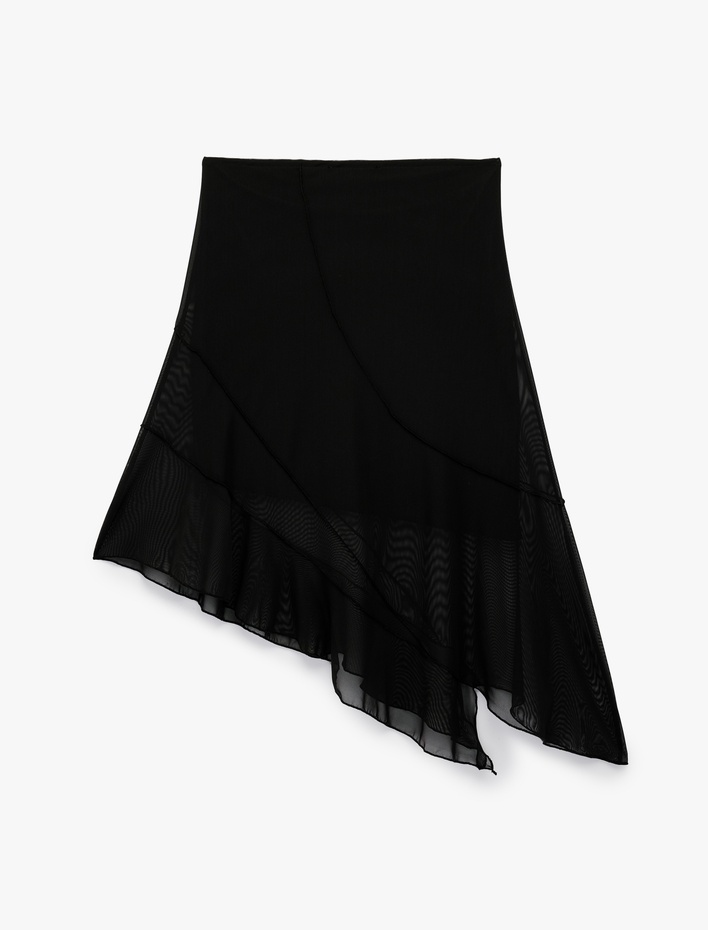  Asimetrik Slim Fit Tül Detaylı Midi Etek