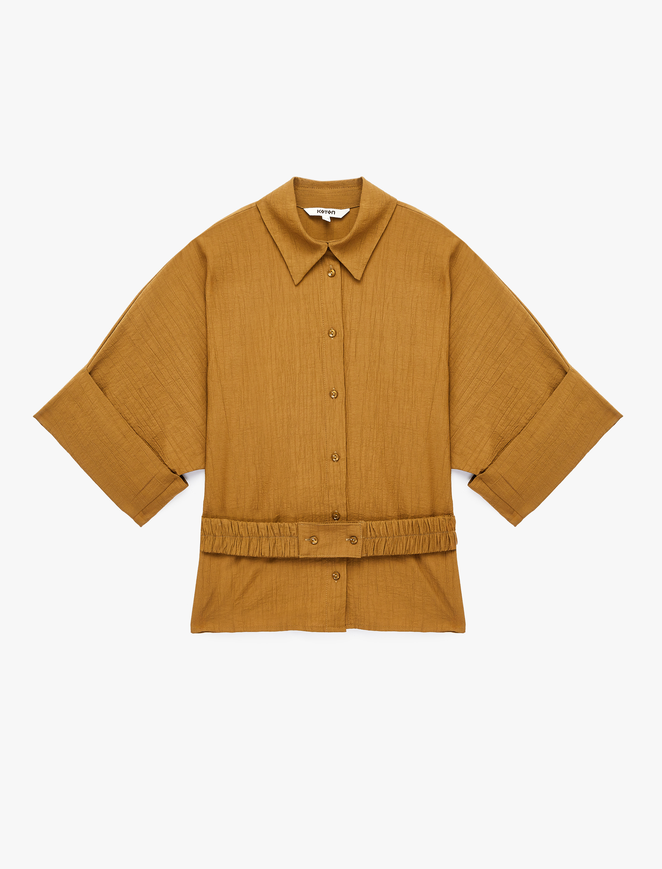   Viskon Karışımlı Dokulu Kısa Kollu Kemerli Oversize Gömlek