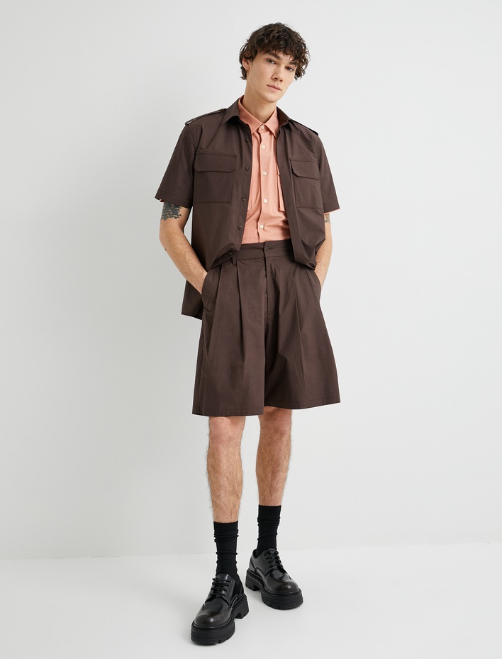  Kumaş Şort Oversize Pileli Chino Düğmeli Cep Detaylı