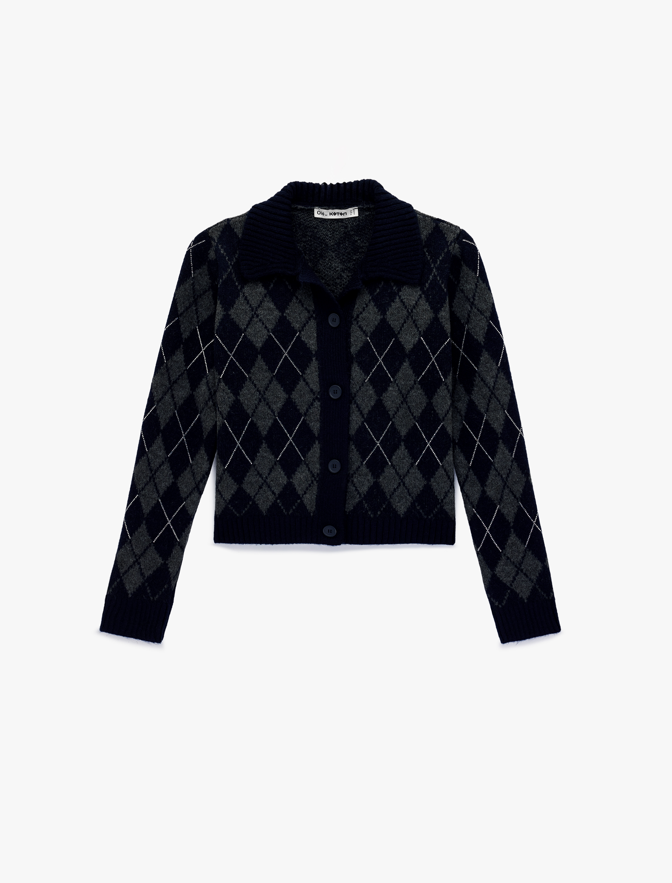   Uzun Kollu Düğmeli Polo Yaka Baklava Desenli Hırka