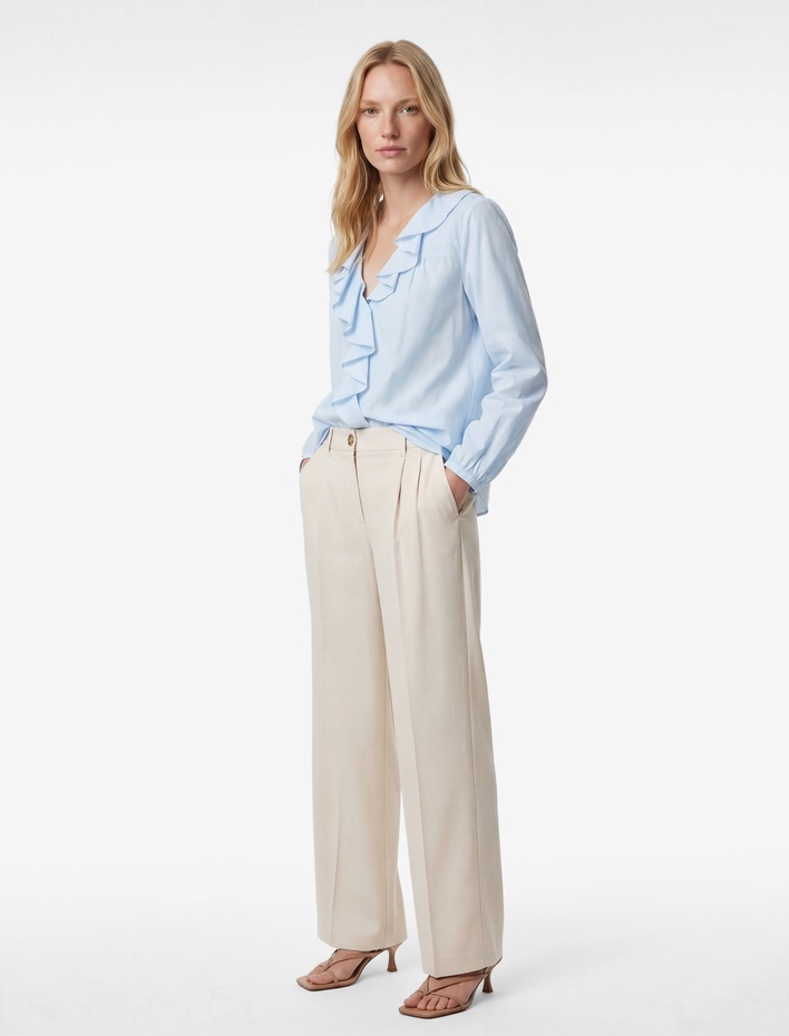  Volanlı Fırfırlı V Yaka Uzun Kollu Pamuklu Gömlek