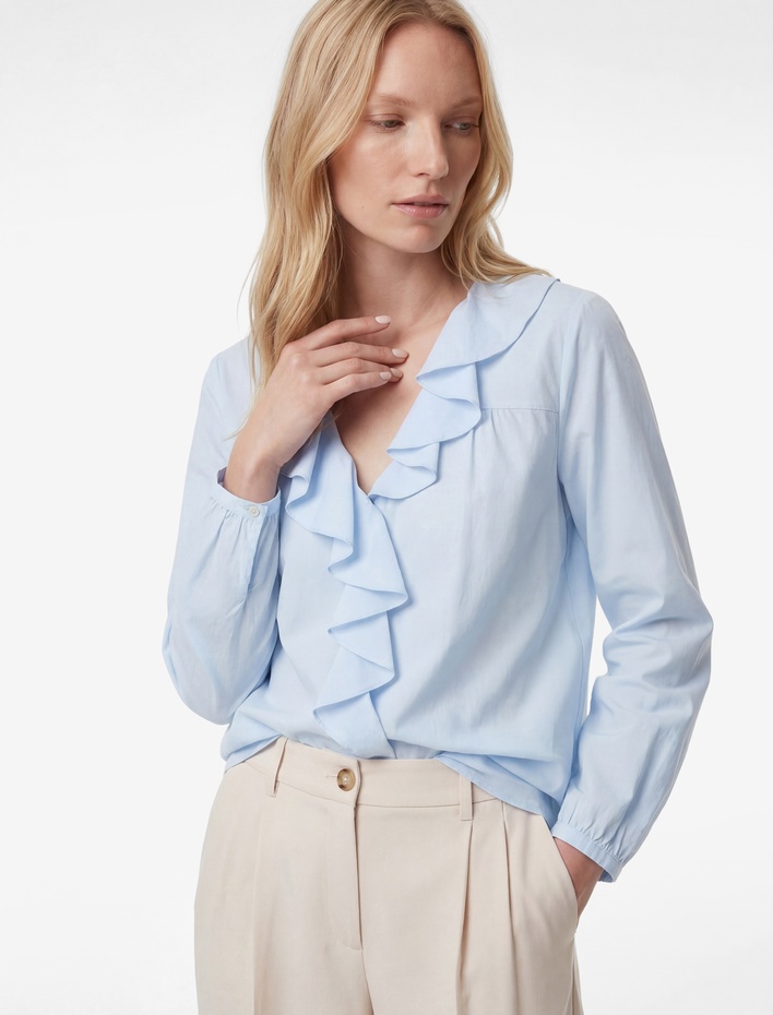  Volanlı Fırfırlı V Yaka Uzun Kollu Pamuklu Gömlek