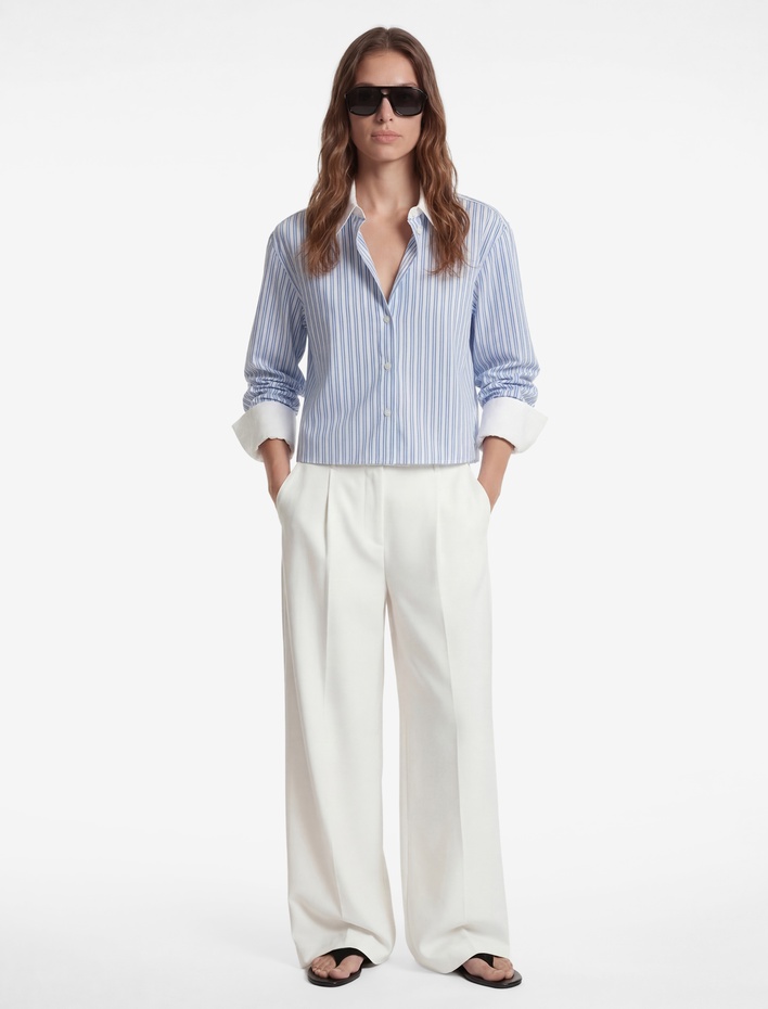  Kontrast Detaylı Uzun Kollu Crop Çizgili Oversize Gömlek