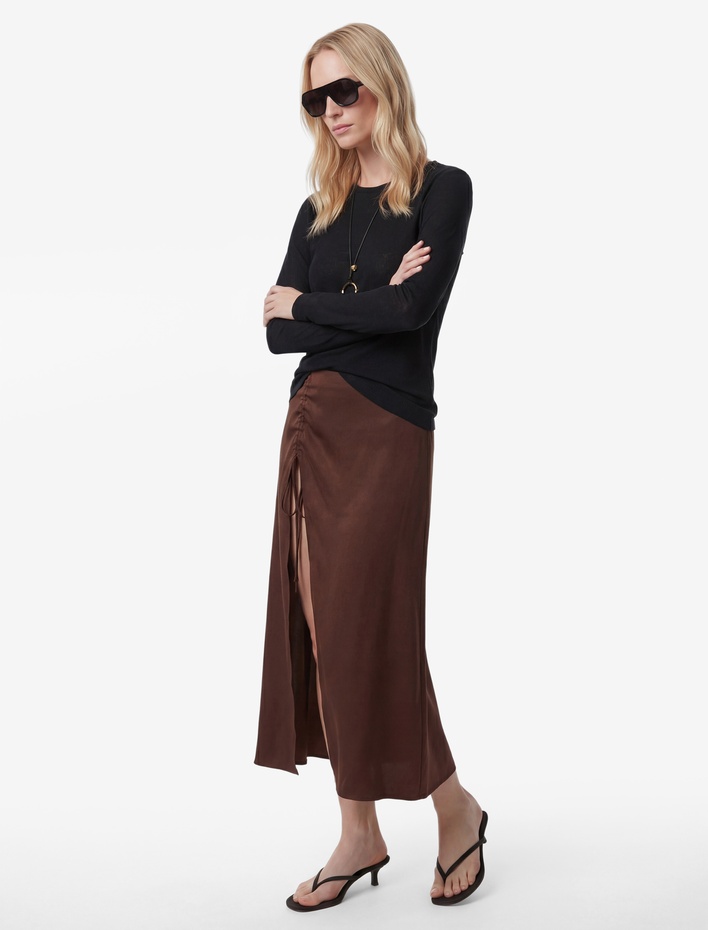  Modal Kumaş Yırtmaçlı Büzgü Detaylı A Kesim Midi Etek