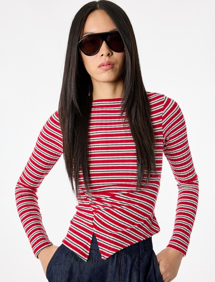  Çizgili Asimetrik Kesim Kayık Yaka Uzun Kollu Bluz