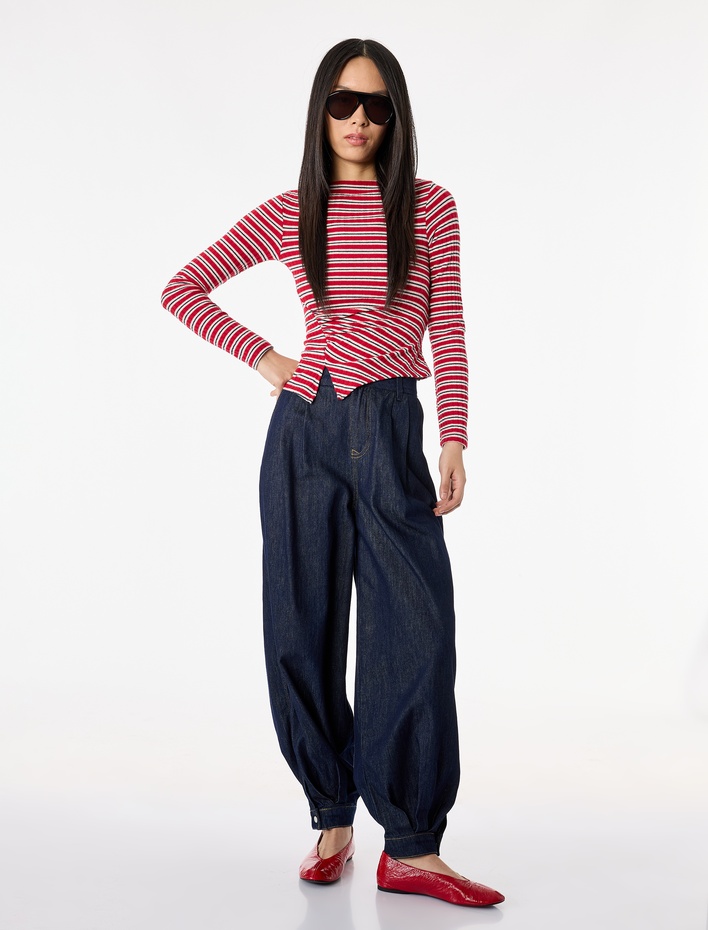  Çizgili Asimetrik Kesim Kayık Yaka Uzun Kollu Bluz