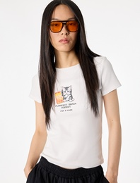 Slim Fit Kısa Kollu Kedi Baskılı Bisiklet Yaka Tişört
