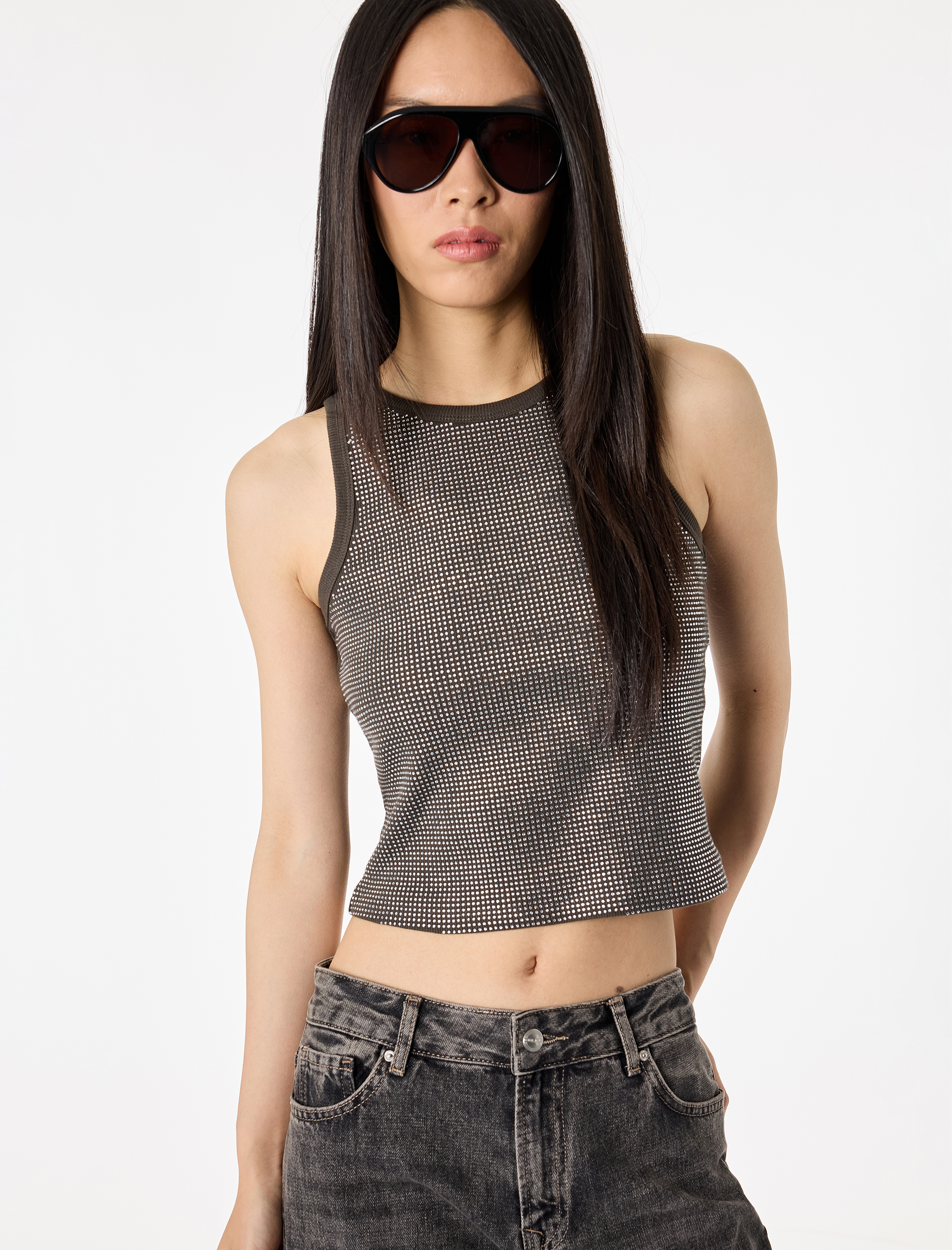   Pamuklu Taş Detaylı Kolsuz Bisiklet Yaka Bluz