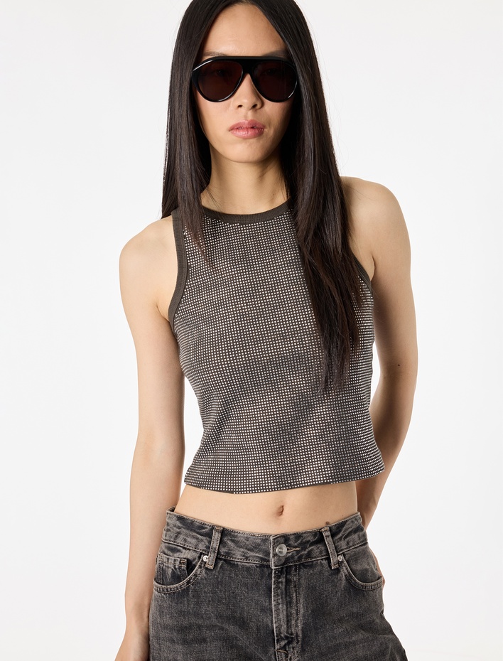  Pamuklu Taş Detaylı Kolsuz Bisiklet Yaka Bluz