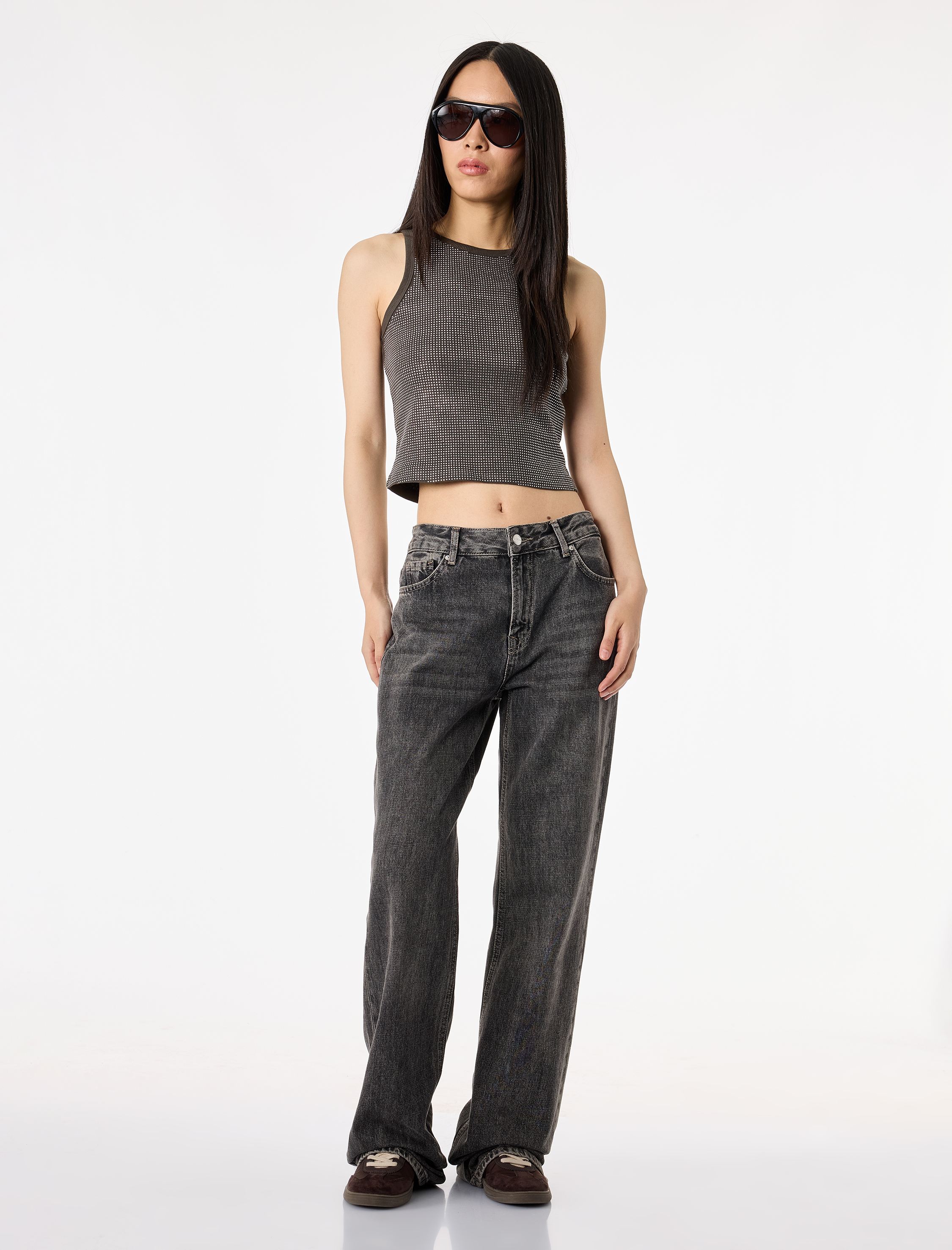   Pamuklu Taş Detaylı Kolsuz Bisiklet Yaka Bluz